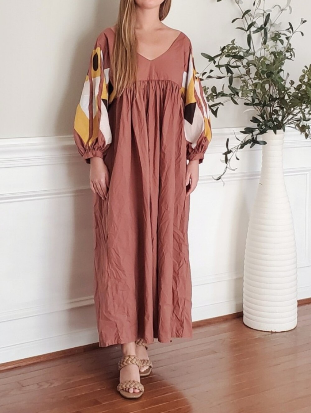 V.DE. VINSTER Puff-Embroidered-Sleeve Tiered Midi Dress Size S